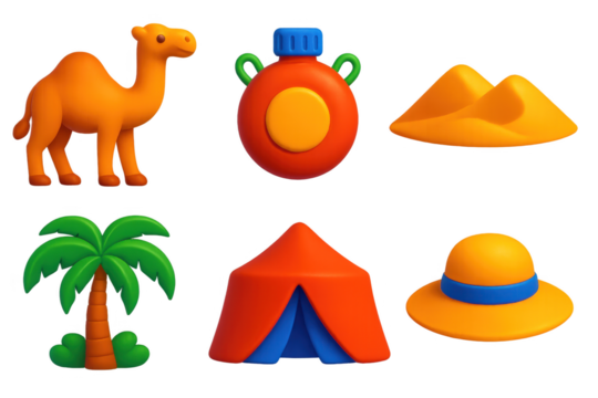 Collection of cartoon characters and objects, including a camel, a tent, a hat
