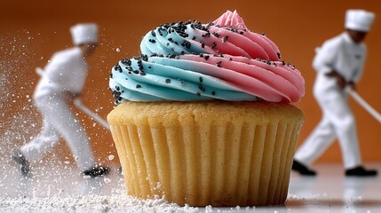 Cupcake with blue and pink frosting is shown with a man in a white hat and a man in a white apron. The cupcake is surrounded by a white powder, which is likely icing sugar. The image has a playful