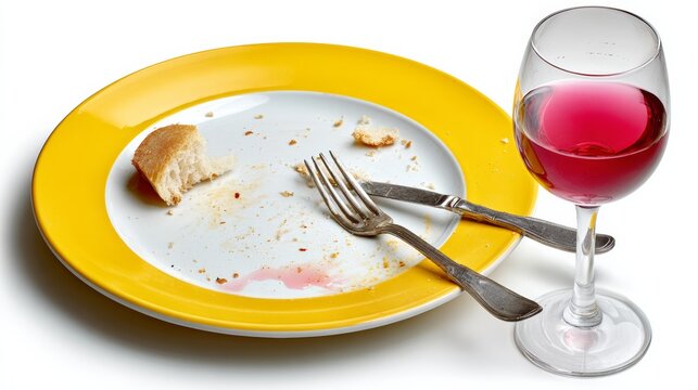 Plate with a fork and knife on it and a glass of red wine. The plate is yellow and white