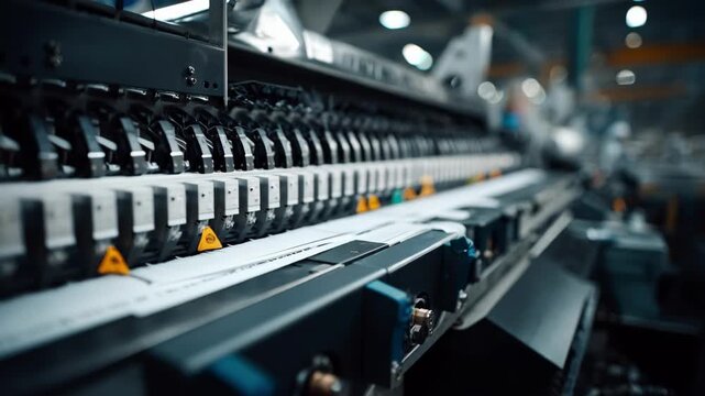Medium shot capturing an automated production line performing saddle stitching on multiple documents emphasizing efficiency and industrial binding methods.