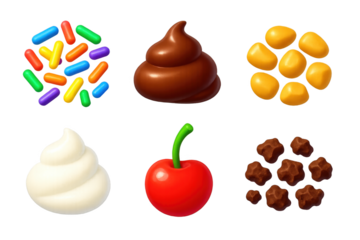 Vibrant Ice Cream Toppings. 3D icon set of ice cream toppings: rainbow sprinkles, chocolate syrup, crushed nuts, whipped cream,