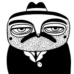 Unique character dressed in formal attire with a quirky expression and distinct features