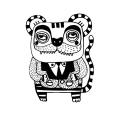 Whimsical tiger character dressed in a suit with a charmingly playful expression