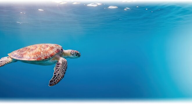 Sea Turtle gracefully swimming underwater in a clear turquoise ocean