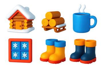 Set of six winter-themed icons, including a house, a cup of coffee