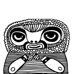 Unique artistic representation of a character with expressive eyes and intricate patterns in a bold black and white design