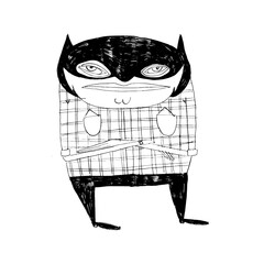 Unique black and white illustration of a quirky masked character standing confidently
