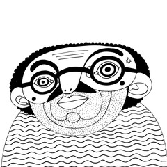 Whimsical face with glasses and patterned shirt in a unique artistic style