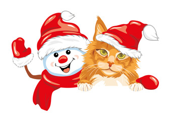 Waving happy snowman and ginger cat