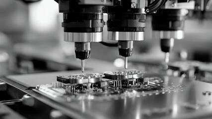 Medium shot of compact robotic devices performing intricate printing adjustments highlighting precision and detail in automated print processes.