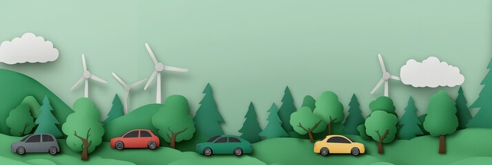 Colorful cars on scenic road with wind turbines and trees in nature