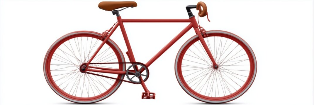 Red vintage bicycle with brown leather seat and handlebars on white background