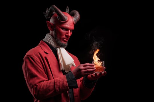 Male demon with flames holding a candle in dark setting