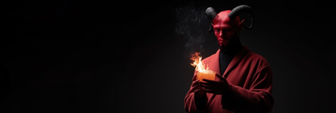 Red demon holding flaming book in dark atmosphere with curved horns