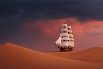 Tall ship in desert at sunset with dramatic sky