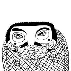 Unique artistic portrait showcasing a stylized face with intricate details and bold expressions against a stark background