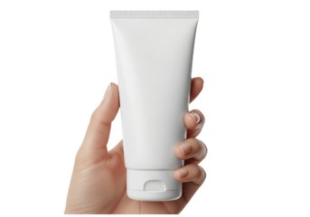 Hand Holding Blank White Cosmetic Cream Tube Mockup — isolated on transparent background png