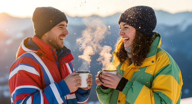 Young couple smiling and holding mugs in winter snowy landscape  