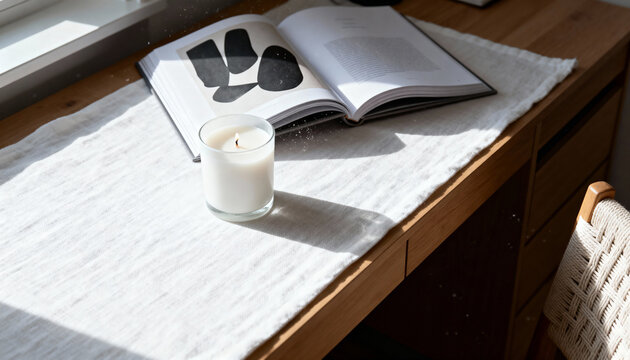 A cozy home office scene with a lit candle and an open book on a wooden desk. Minimalist interior decor with natural sunlight creating a warm atmosphere. Slow living and relaxation concept - Powered by Adobe