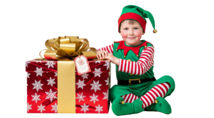 Cute child dressed as elf sitting with big gift box