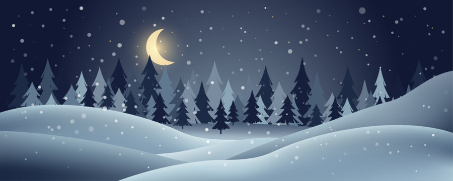 Winter night landscape with snowy forest, pine trees, snowdrifts and crescent moon under starry sky. Editable vector illustration.