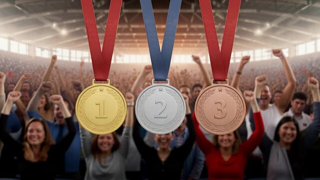 Three shiny gold, silver, and bronze medals with 1st, 2nd, and 3rd place numbers hang prominently as the camera reveals a cheering, blurred stadium crowd.