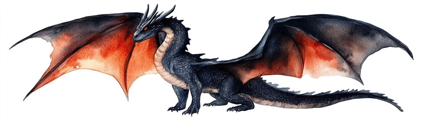 Black and red dragon with wings spread standing on four legs isolated on transparent background png fantasy creature