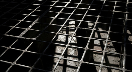 A dark, moody close-up of a metal grate casting a grid of deep shadows onto the floor below.