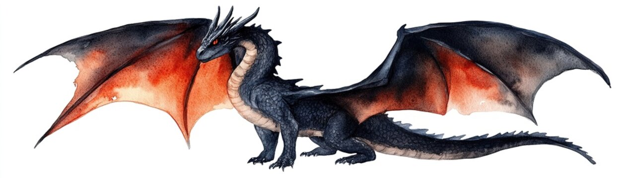 Black and red dragon with wings spread standing on four legs isolated on transparent background png fantasy creature
