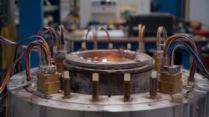 Medium shot of insulated crucible design testing with thermal sensors monitoring heat retention efficiency in a controlled lab setting