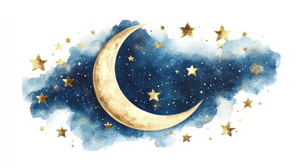 Golden crescent moon with sparkling stars over dark blue cloud isolated on transparent background in dreamy night sky scene png
