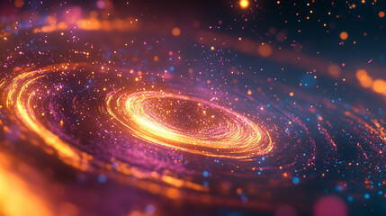 Light particles orbit a central core, creating a glowing, dynamic scene symbolizing energy, atomic structure, futuristic technology, and cosmic motion.