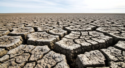 Cracked earth in a dry landscape under a blue sky, symbolizing drought and climate change.
