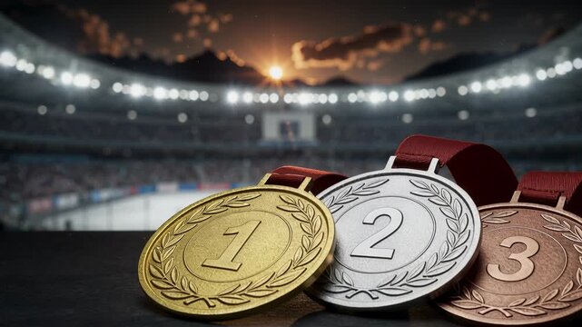 Three gleaming gold, silver, and bronze medals for first, second, and third place rest on a dark surface with a brightly lit sports stadium in the background.