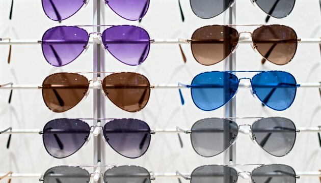 A collection of colorful aviator sunglasses on a retail display rack. Variety of fashion eyewear for sale in a store - Powered by Adobe