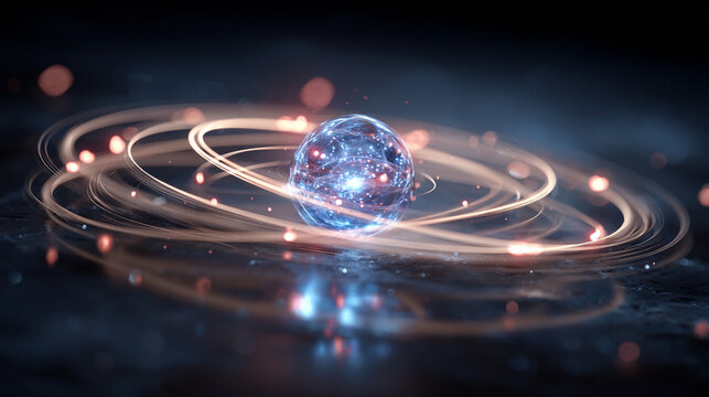 Light particles orbit a central core, creating a glowing, dynamic scene symbolizing energy, atomic structure, futuristic technology, and cosmic motion.