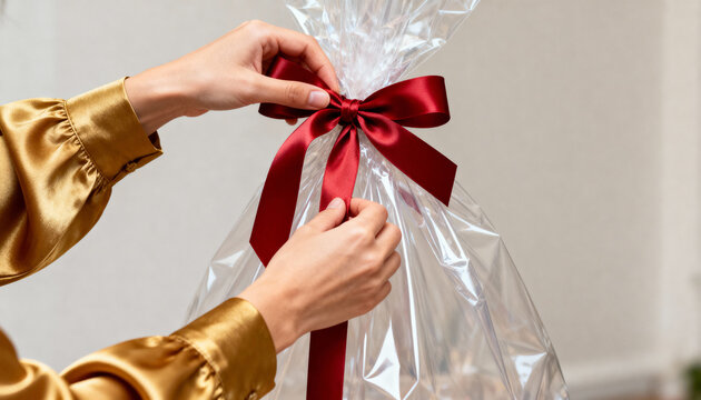 Hands tying a red satin bow on a cellophane wrapped gift. Preparing a Christmas present for a holiday celebration. Special occasion concept