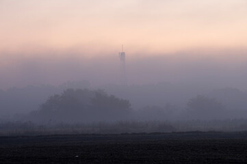 朝靄に沈む畑と淡い空に浮かぶ電波塔
