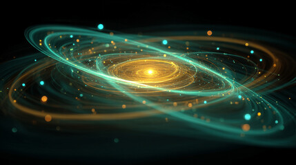 Light particles orbit a central core, creating a glowing, dynamic scene symbolizing energy, atomic structure, futuristic technology, and cosmic motion.