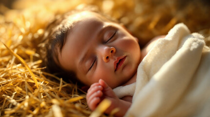 A newborn baby representing Jesus sleeping in a bed of hay. The Christmas native scene in a manger with warm golden light