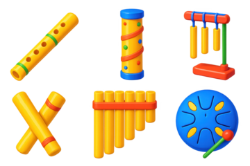 Vibrant Bamboo Instrument Icons. 3D icon set of bamboo musical instruments: bamboo flute, rain stick, chime bar, panpipe, clapper