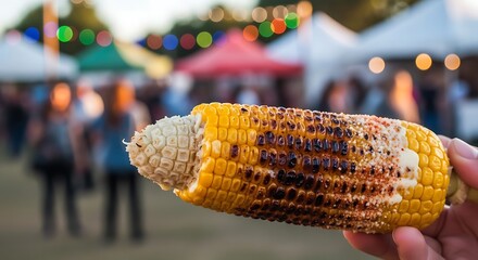 Closeup of grilled corn on the cob held in hand at an outdoor summer food market with blurred people and tent stalls in the background