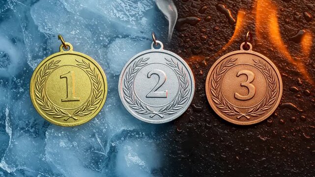 Gold, silver, and bronze competition medals, representing first, second, and third place, are displayed on contrasting icy and fiery backgrounds.