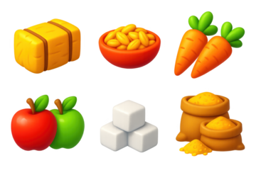 Collection of food items including apples, carrots, and sugar