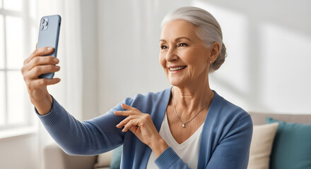 Elderly woman smiling while taking a selfie at home in daylight
