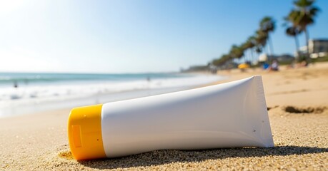 Sunscreen tube on the sandy beach with ocean and palm trees in the background on a sunny day, perfect for protecting skin from harmful uv rays