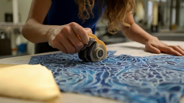 Filming a seamless fabric cutting pattern with a rotary cutter showcasing strategic cuts avoiding knotty areas for an efficient and smooth production workflow.