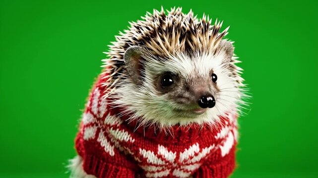 Adorable Hedgehog Wearing a Festive Red Sweater on a Green Background.