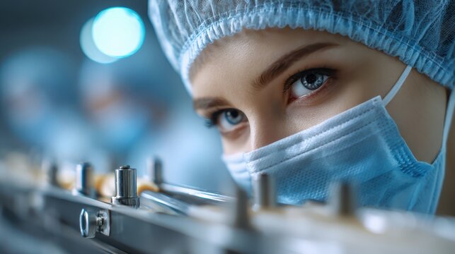 Healthcare professional in a sterile environment wears a blue surgical mask and hairnet, focused intently amidst blurred laboratory equipment; soft lighting enhances the cool tones