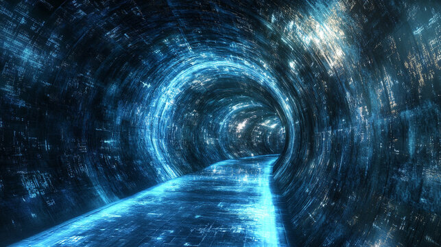 Light tunnel bridging two digital worlds, with glowing streams and futuristic energy, symbolizing connectivity, cyberspace travel, and high-tech virtual interaction.